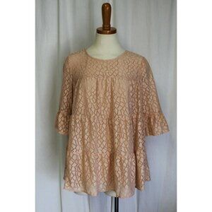 Pleione Tiered Stretch Lace Blouse Ruffle Sleeve Top Blush W/ Nude Lining XS $88